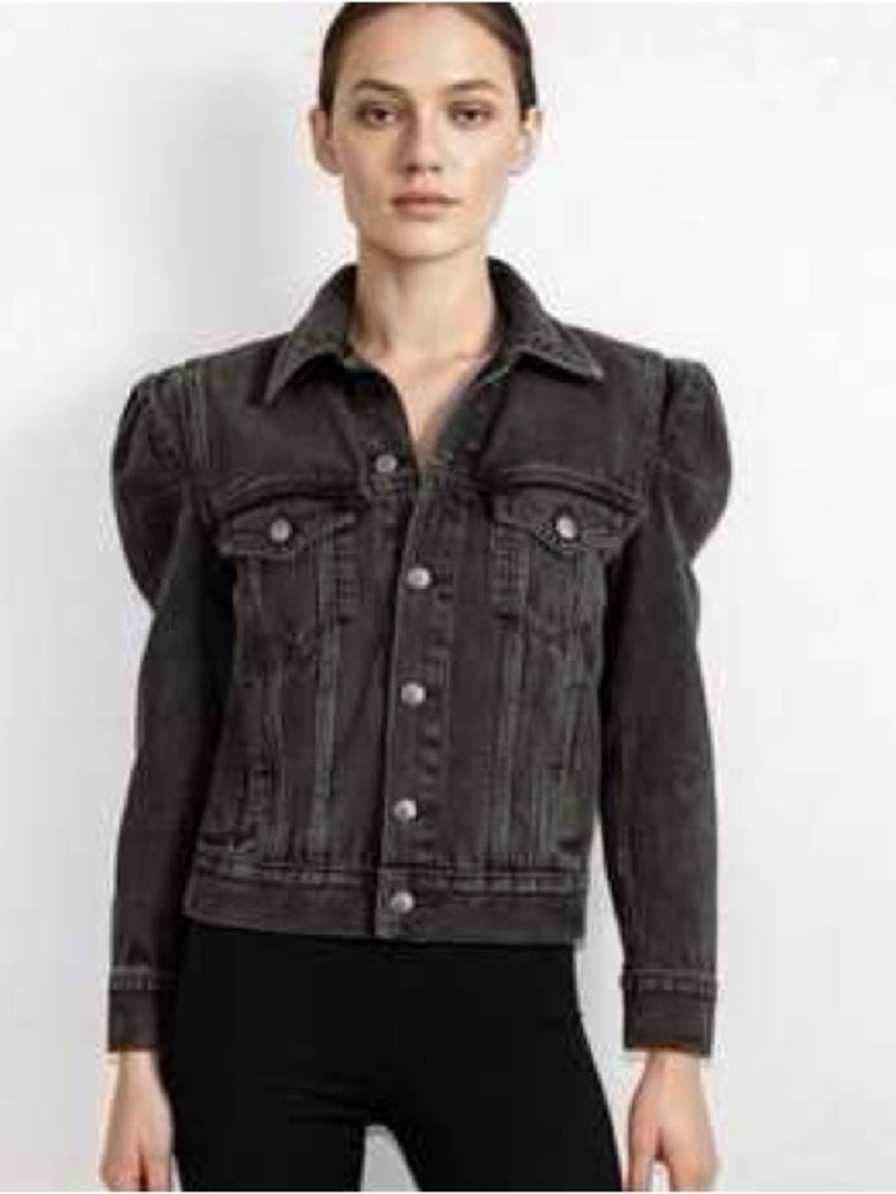FRAME /Rosette Puff Sleeve Denim Jacket in Washed Black / Ozone Black - Size L